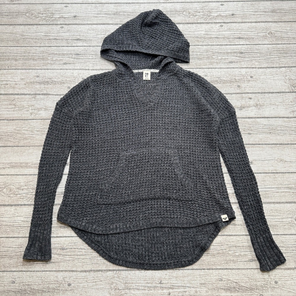 Roxy Hoodie Women's XS Charcoal Gray V-Neck High Low Waffle Knit Pullover Lounge